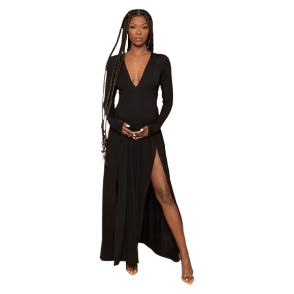 Bump Biddy Narine NEW Plunge Maxi Maternity Dress Sexy High Slits Black Size M - Picture 1 of 16
